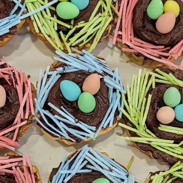 Chocolate nest butter tarts with pastel candy eggs